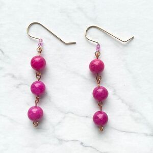 Fuschia Pink Round Marble Stone Bead Dangle Drop Earrings